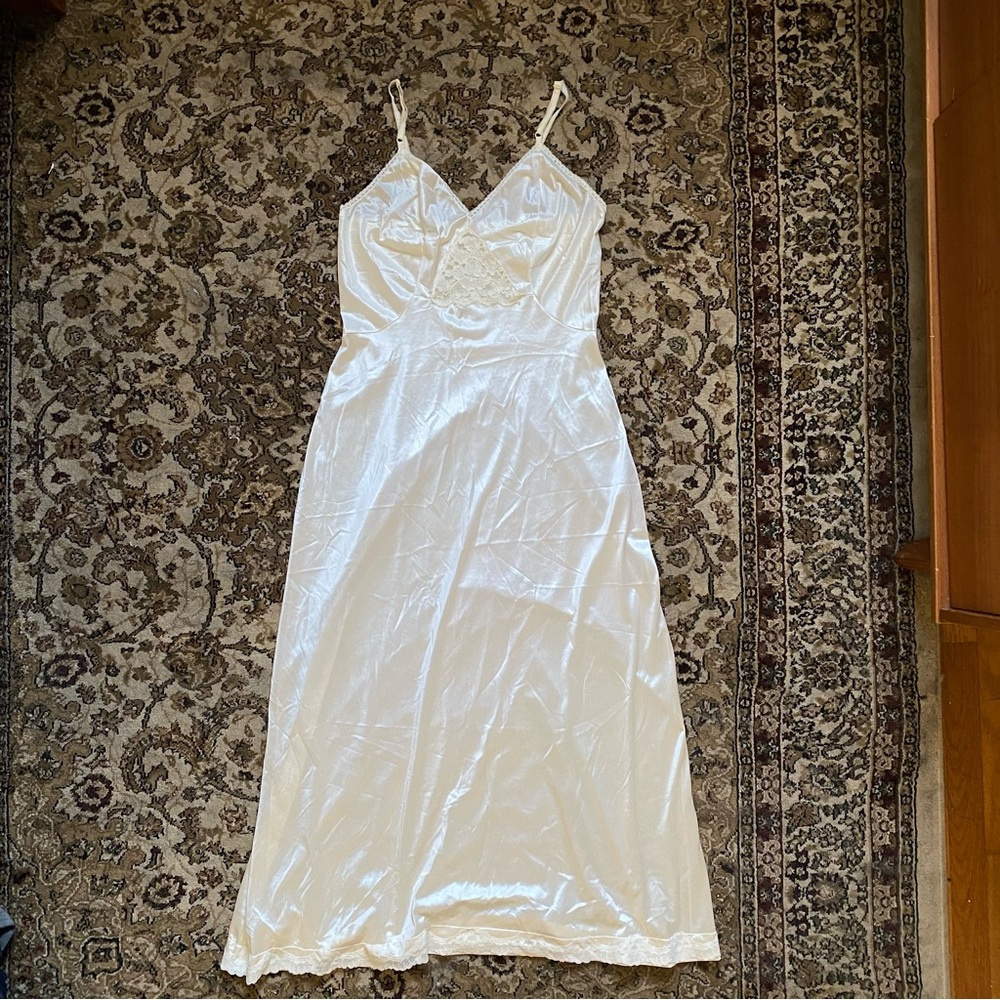Vintage 1950s Nylon Tricot Ivory Lace Inset Slip Dress - 36 Small